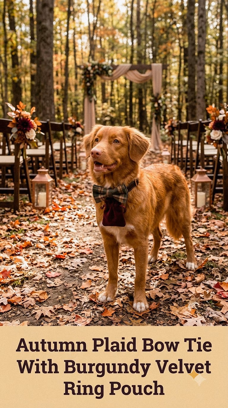 Autumn Plaid Bow Tie With Burgundy Velvet Ring Pouch
