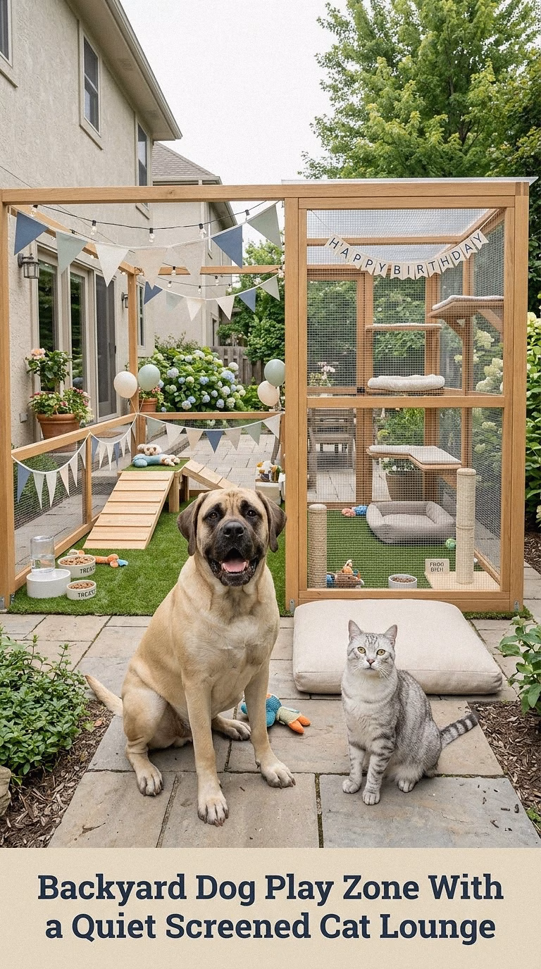 Backyard Dog Play Zone With a Quiet Screened Cat Lounge