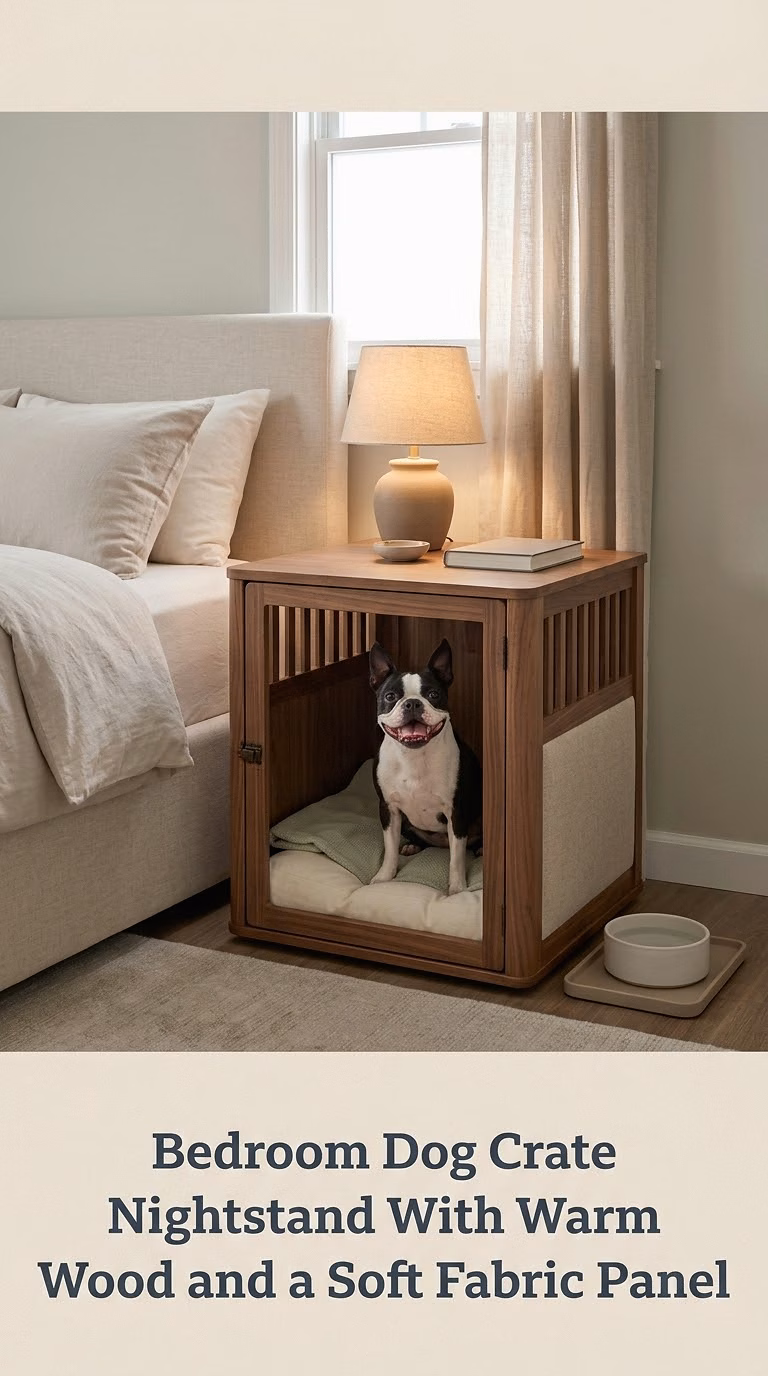 Bedroom Dog Crate Nightstand With Warm Wood and a Soft Fabric Panel