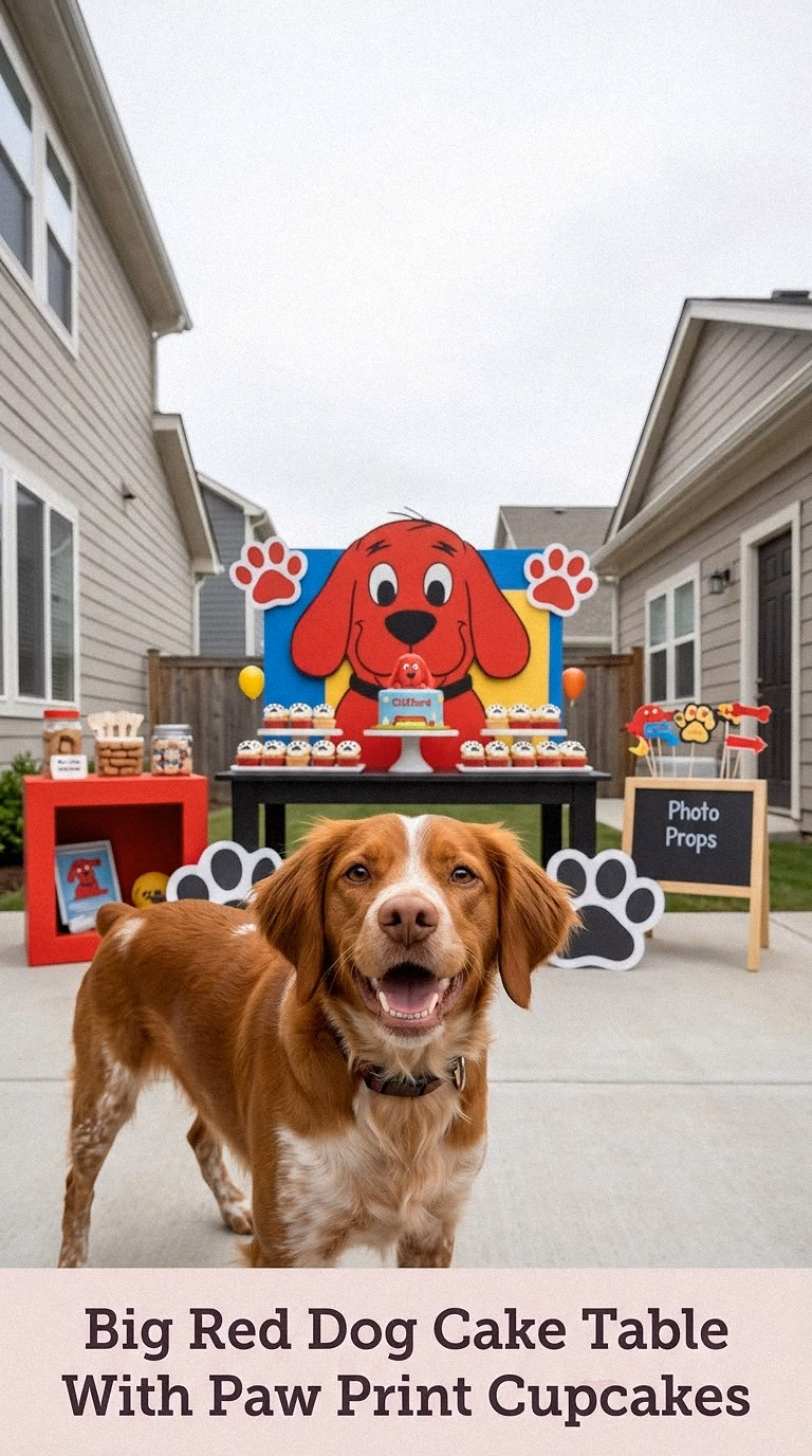 Big Red Dog Cake Table With Paw Print Cupcakes