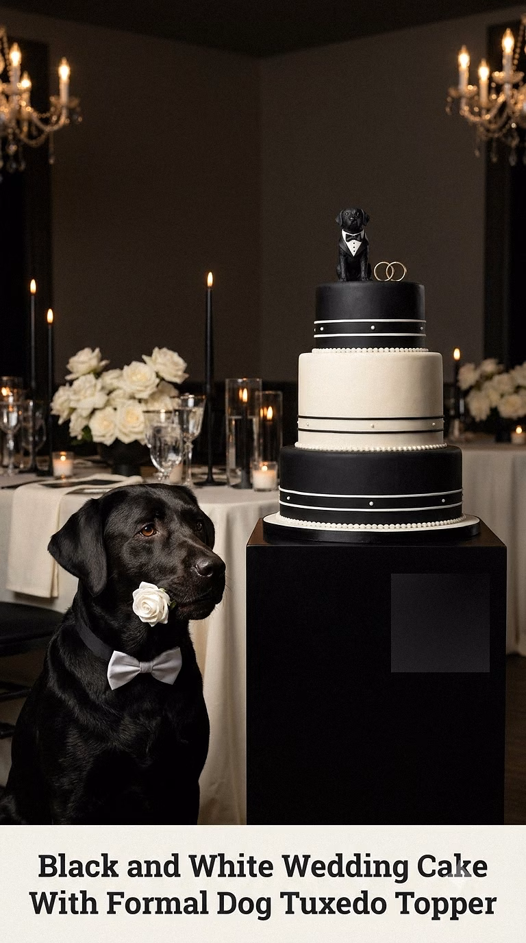 Black and White Wedding Cake With Formal Dog Tuxedo Topper