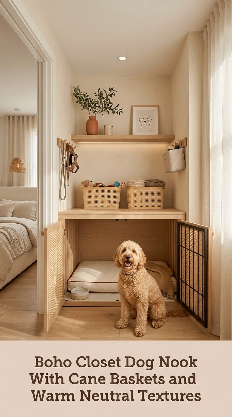 Boho Closet Dog Nook With Cane Baskets and Warm Neutral Textures