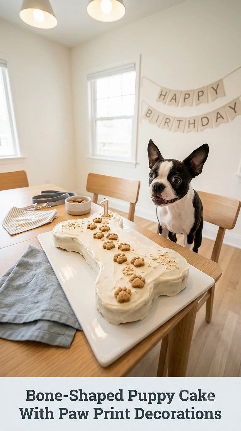 Bone-Shaped Puppy Cake With Paw Print Decorations