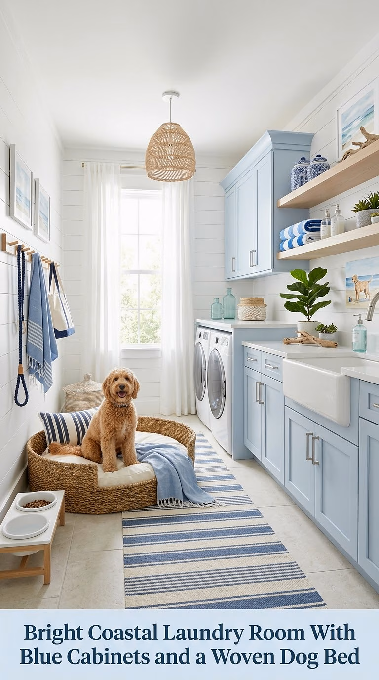 14. Bright Coastal Laundry Room With Blue Cabinets and a Woven Dog Bed