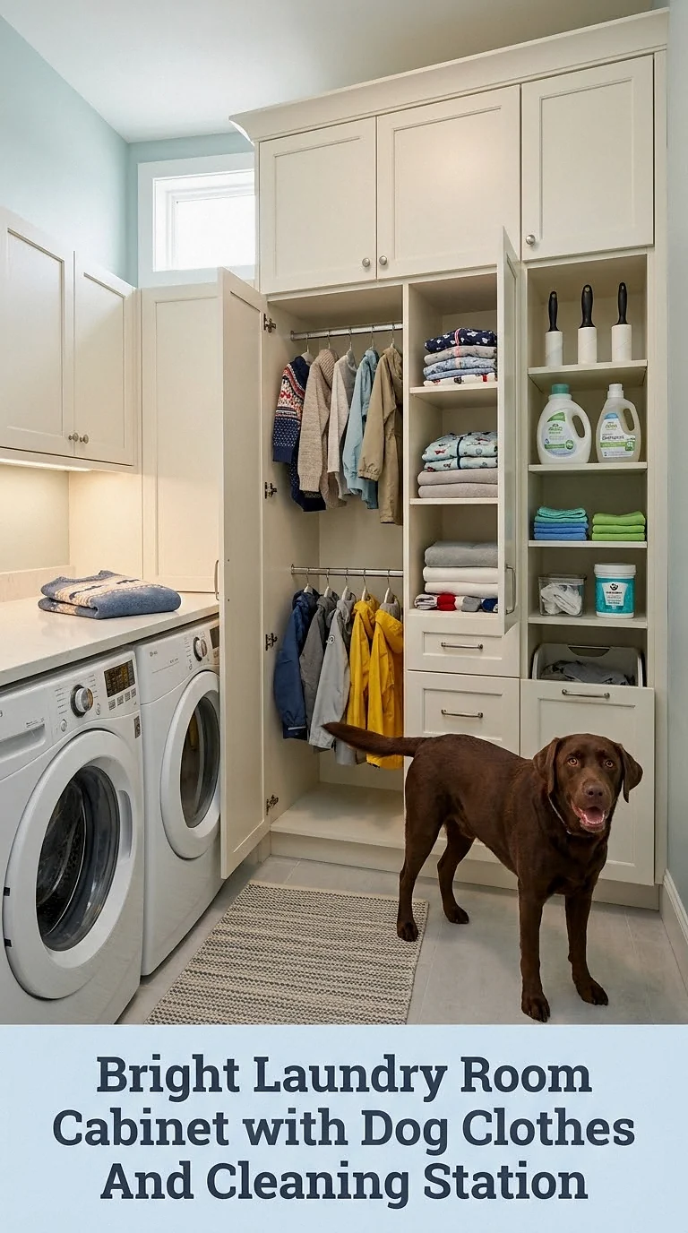 Bright Laundry Room Cabinet With Dog Clothes And Cleaning Station