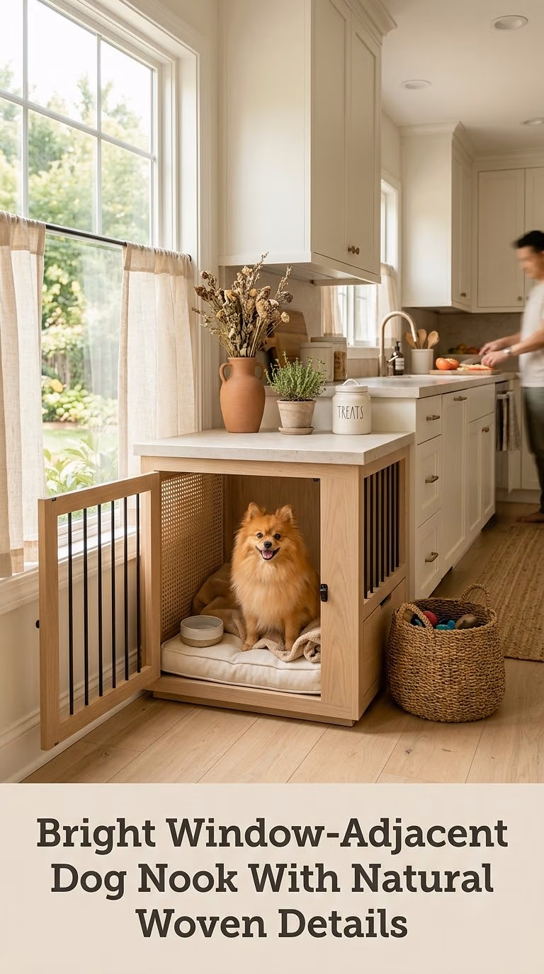 Bright Window-Adjacent Dog Nook With Natural Woven Details