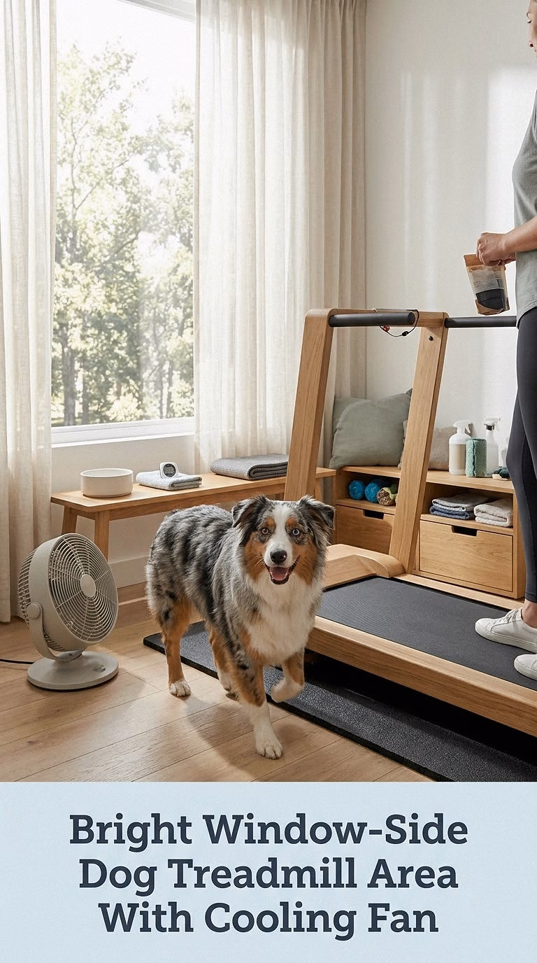 Bright Window-Side Dog Treadmill Area With Cooling Fan