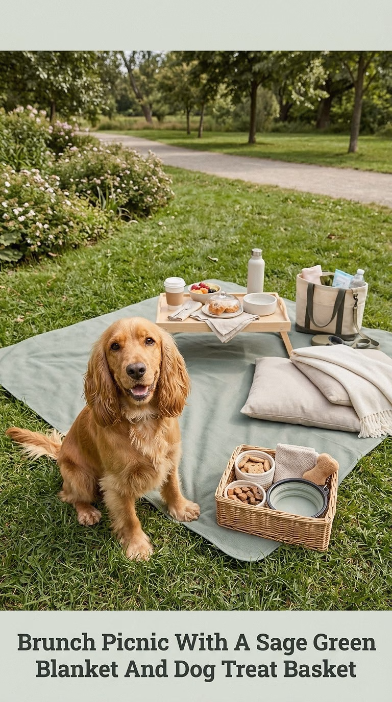 Brunch Picnic With A Sage Green Blanket And Dog Treat Basket