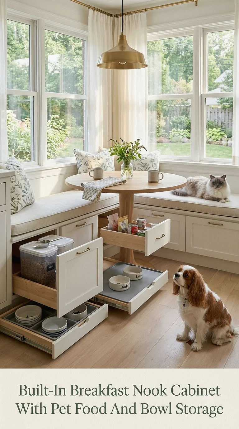 Built-In Breakfast Nook Cabinet With Pet Food And Bowl Storage