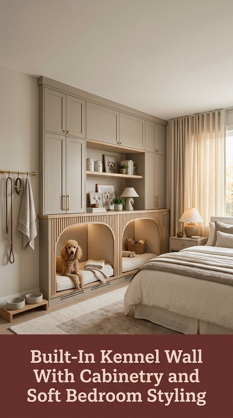 14. Built-In Kennel Wall With Cabinetry and Soft Bedroom Styling