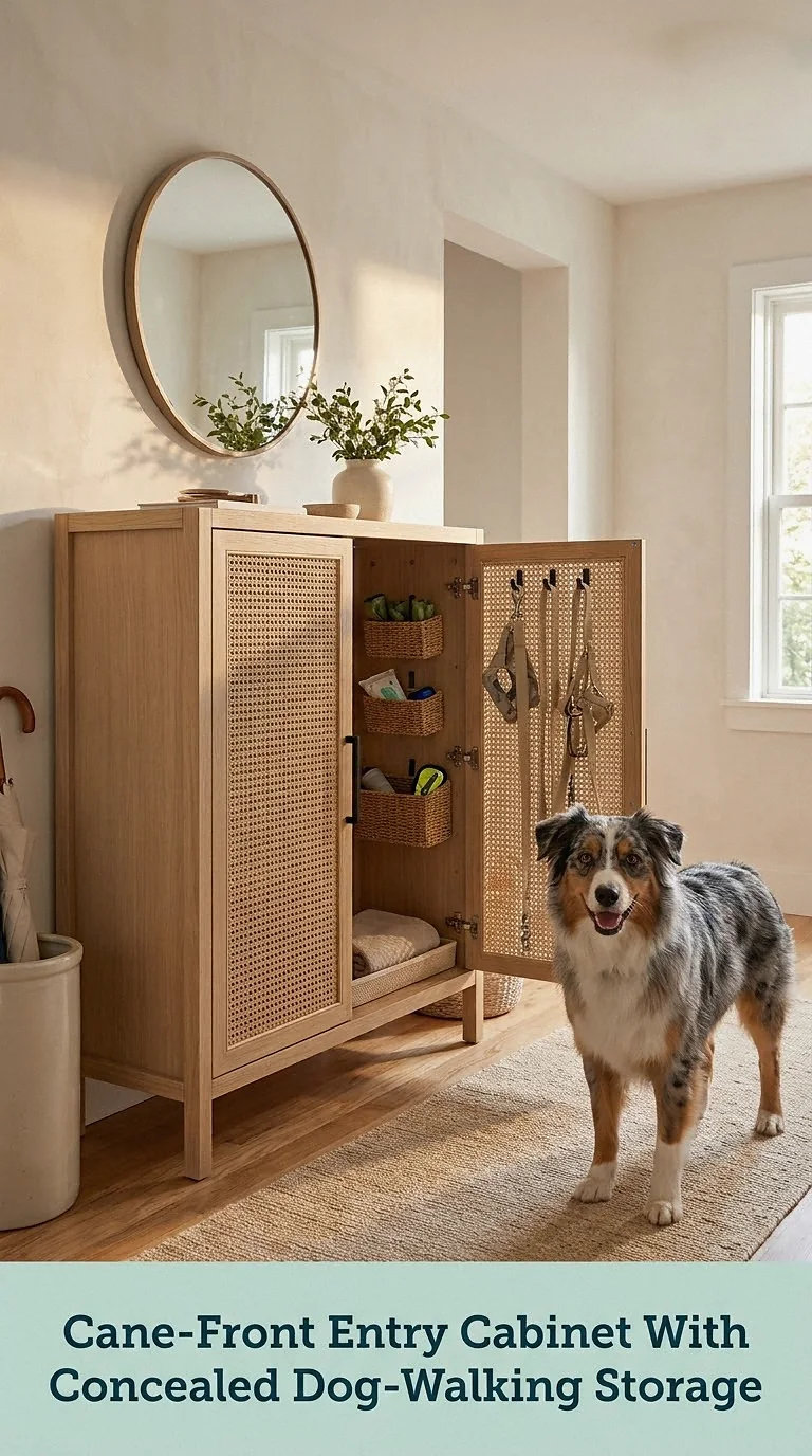 Cane-Front Entry Cabinet With Concealed Dog-Walking Storage