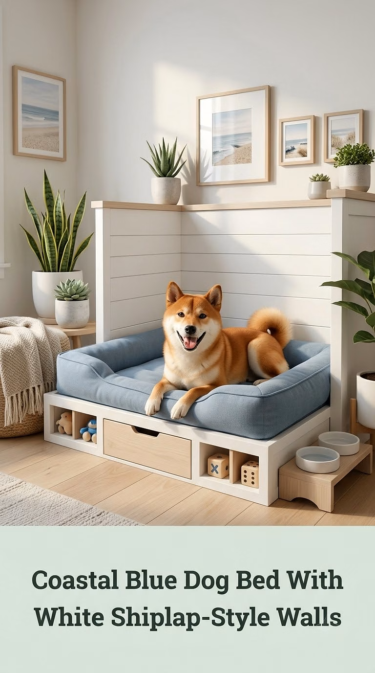 Coastal Blue Dog Bed With White Shiplap-Style Walls