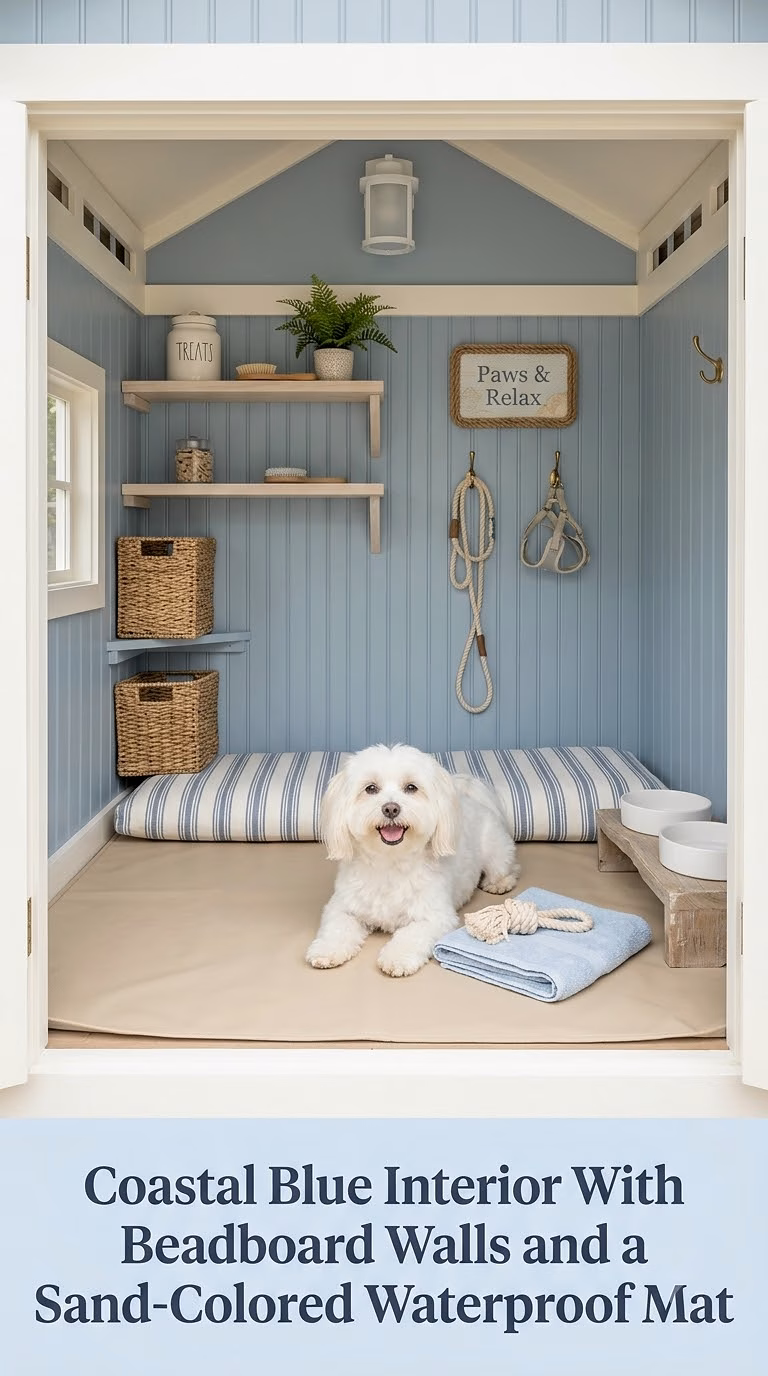 14. Coastal Blue Interior With Beadboard Walls and a Sand-Colored Waterproof Mat