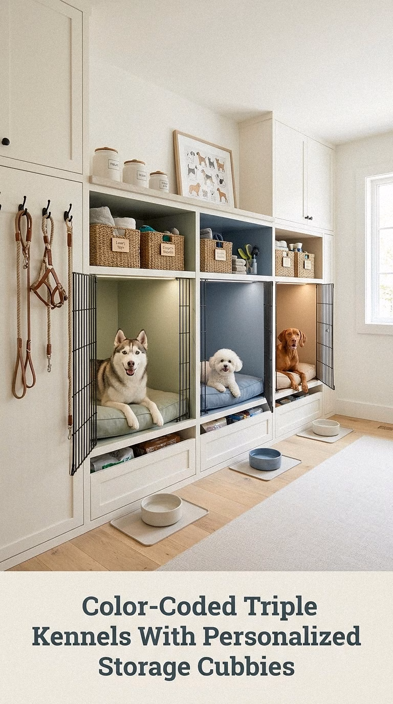 Color-Coded Triple Kennels With Personalized Storage Cubbies