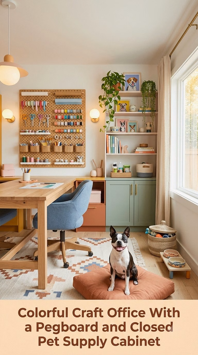 Colorful Craft Office With a Pegboard and Closed Pet Supply Cabinet