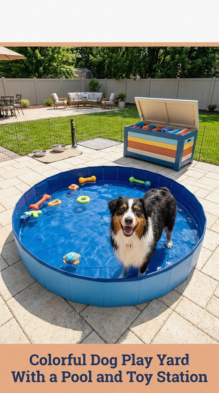 Colorful Dog Play Yard With a Pool and Toy Station