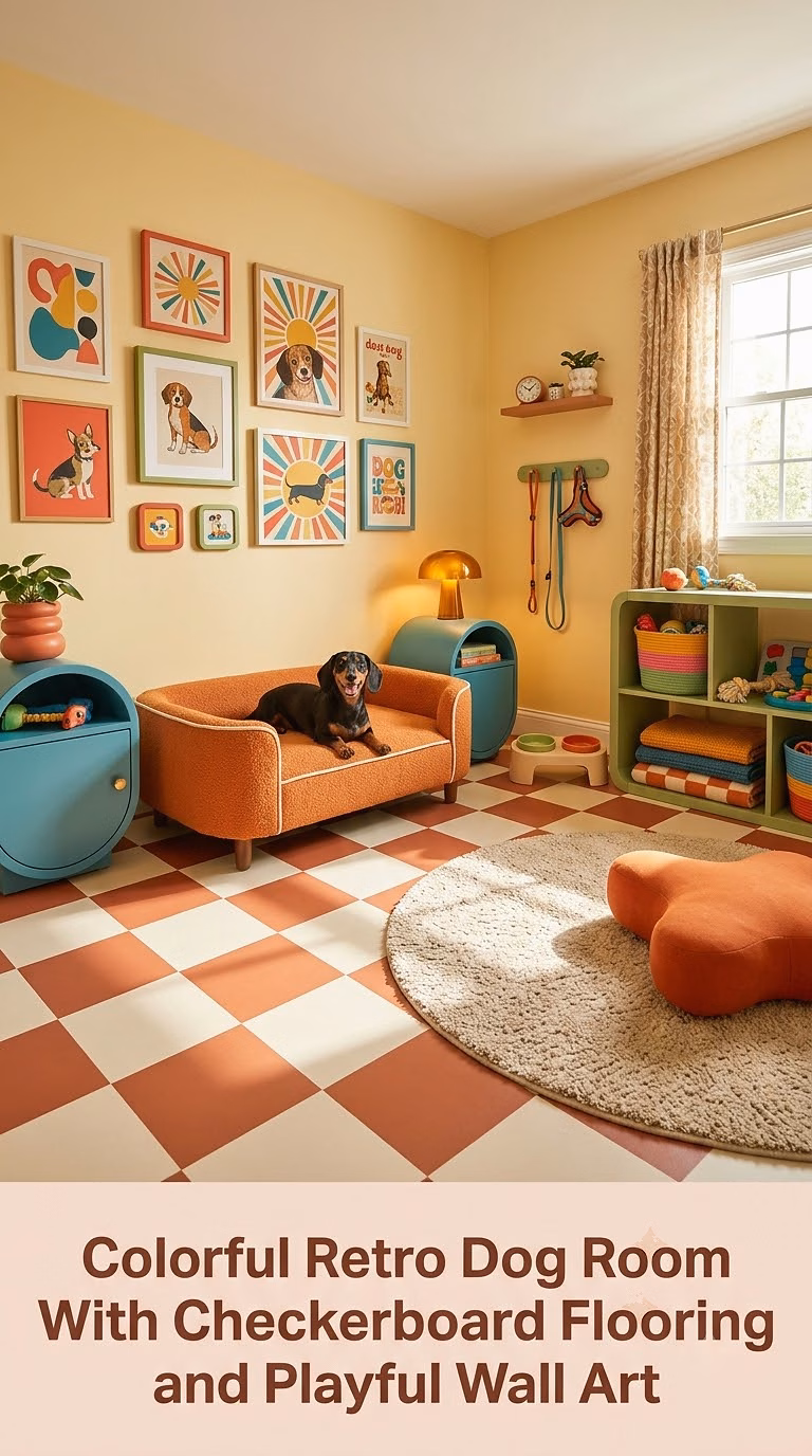 14. Colorful Retro Dog Room With Checkerboard Flooring and Playful Wall Art