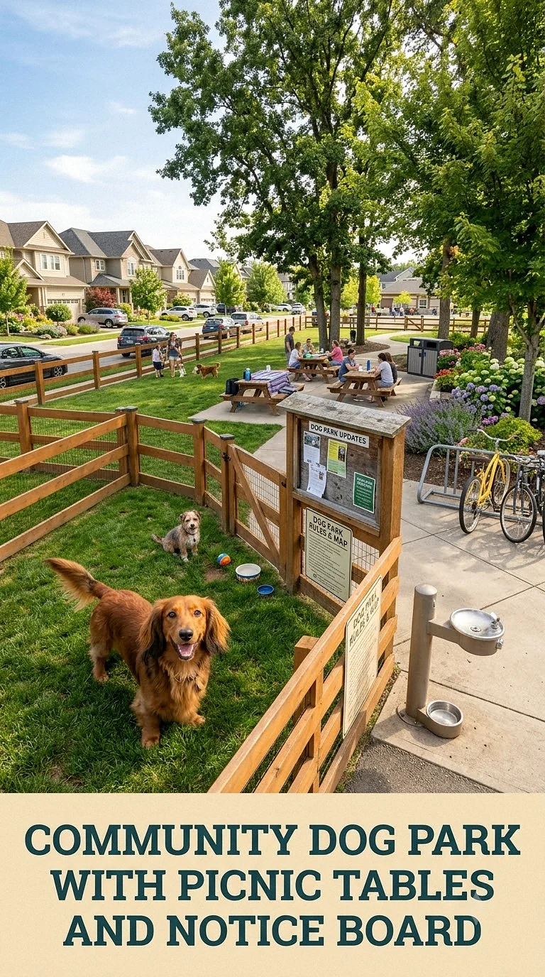 Community Dog Park With Picnic Tables And Notice Board