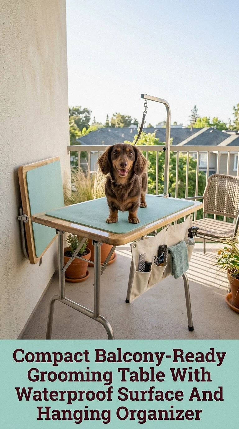 Compact Balcony-Ready Grooming Table With Waterproof Surface And Hanging Organizer
