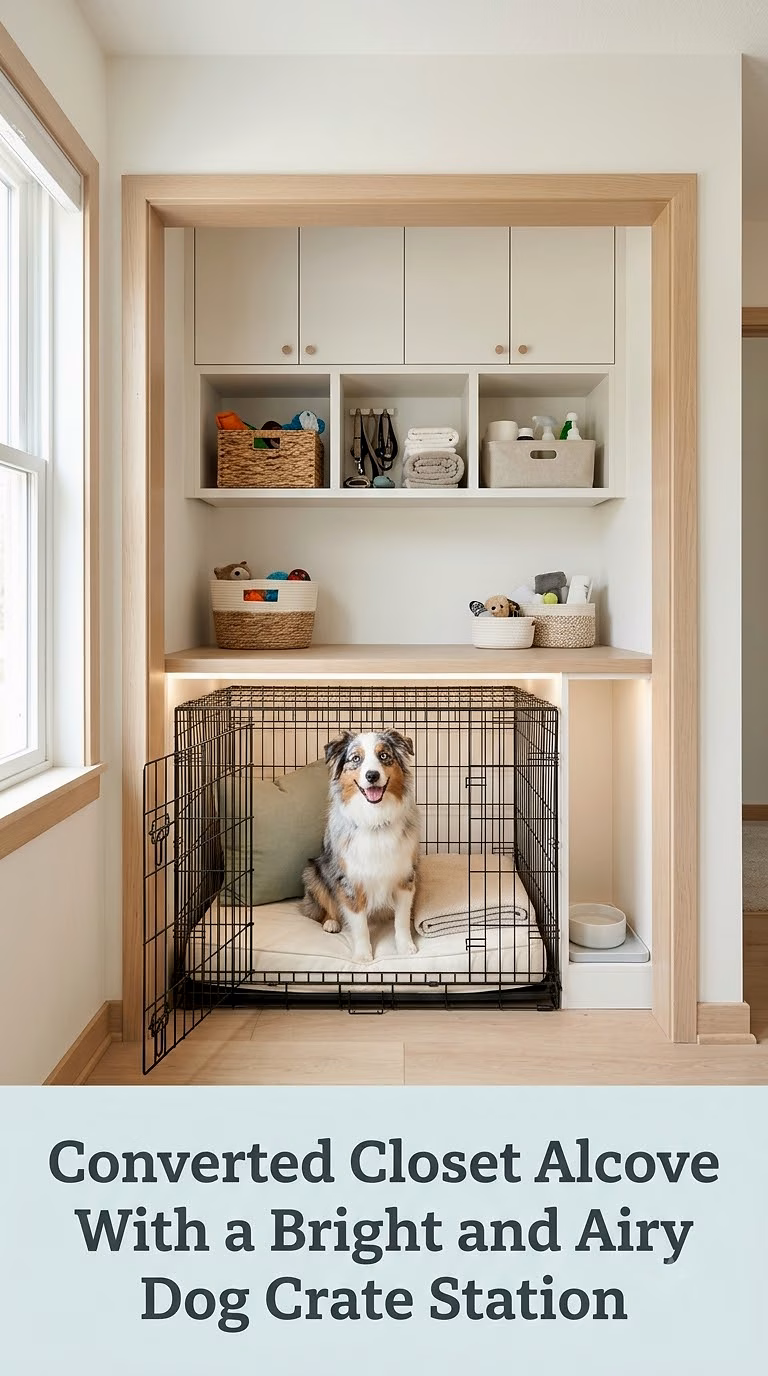 Converted Closet Alcove With a Bright and Airy Dog Crate Station