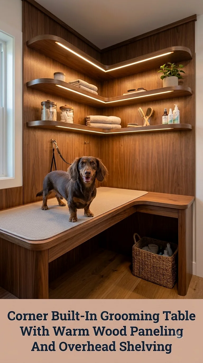 Corner Built-In Grooming Table With Warm Wood Paneling And Overhead Shelving
