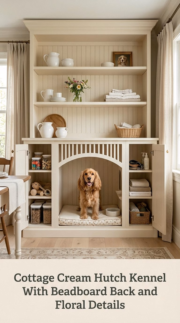 Cottage Cream Hutch Kennel With Beadboard Back and Floral Details