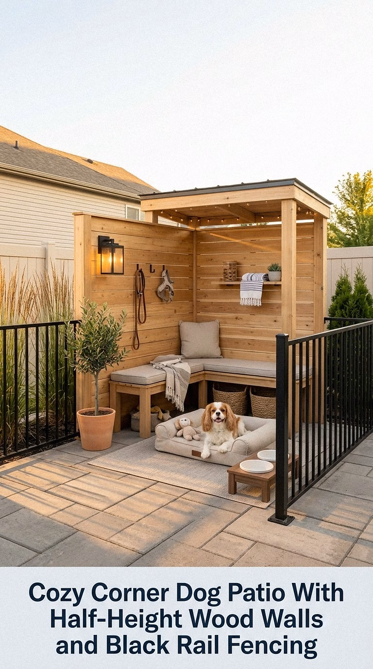 14. Cozy Corner Dog Patio With Half-Height Wood Walls and Black Rail Fencing