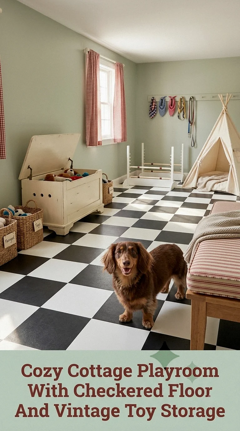 Cozy Cottage Playroom With Checkered Floor And Vintage Toy Storage