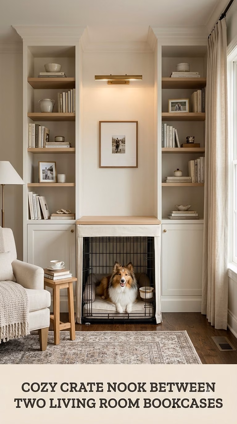 Cozy Crate Nook Between Two Living Room Bookcases