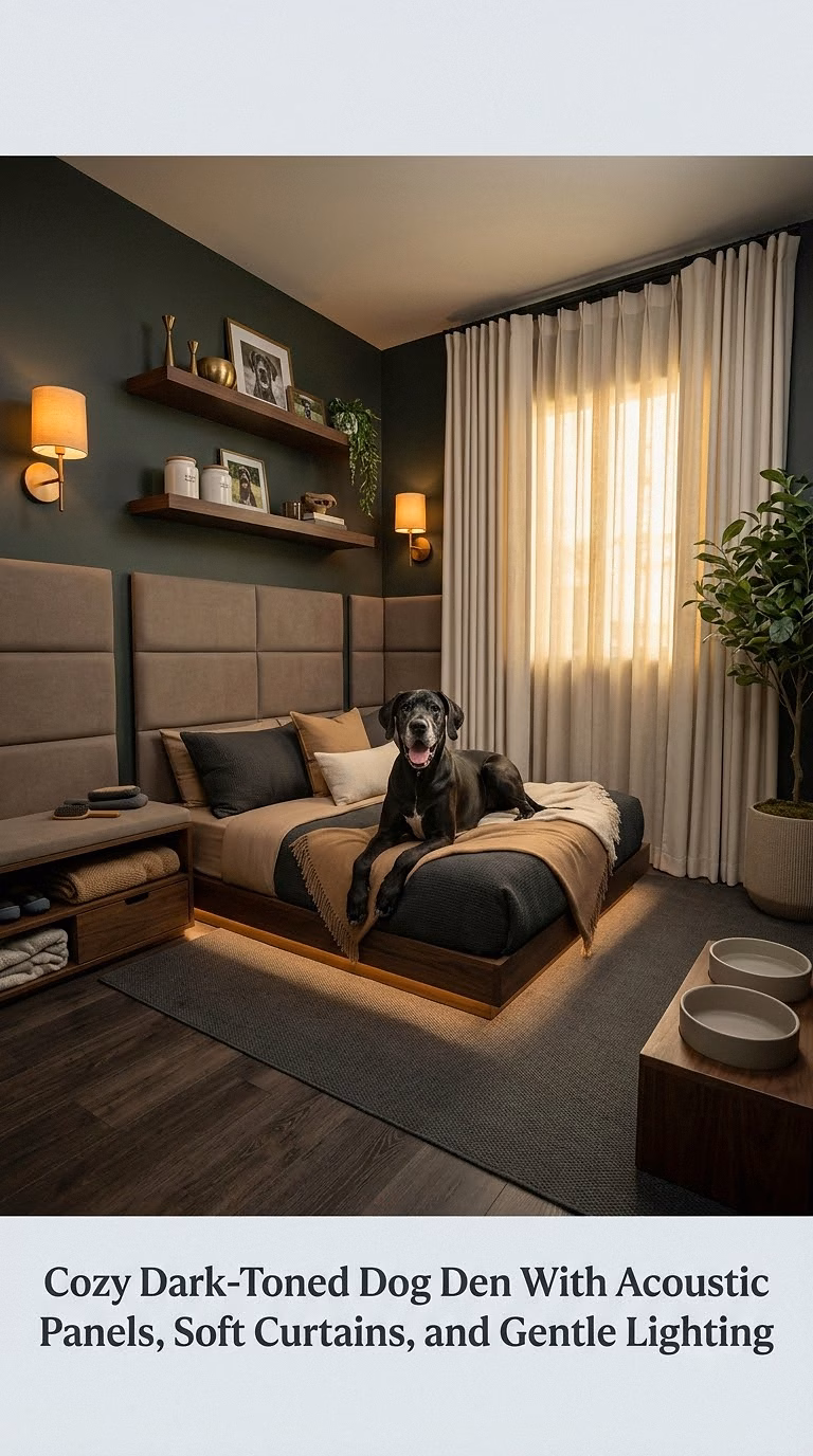 14. Cozy Dark-Toned Dog Den With Acoustic Panels, Soft Curtains, and Gentle Lighting
