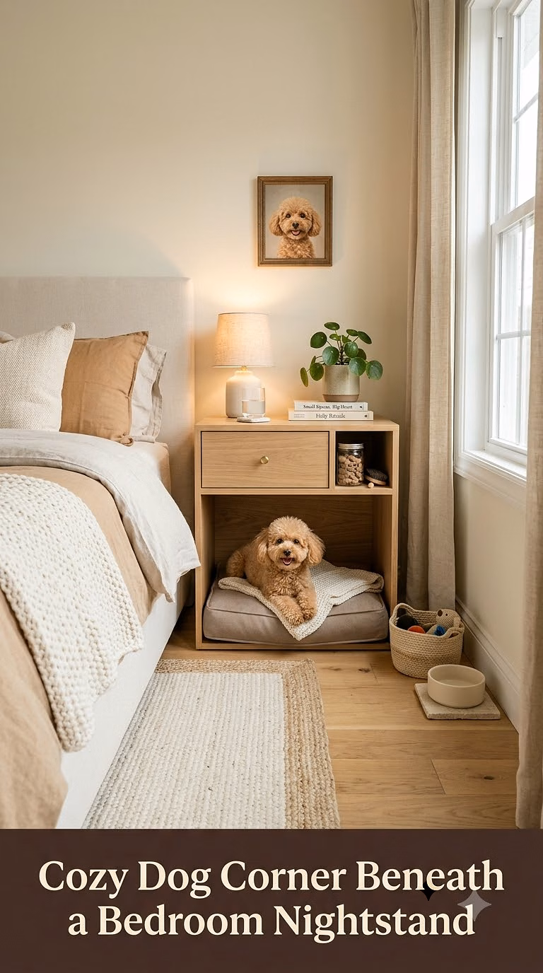 14. Cozy Dog Corner Beneath a Bedroom Nightstand
