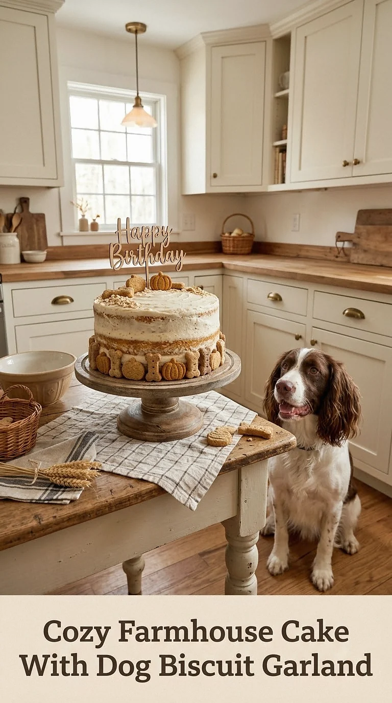 Cozy Farmhouse Cake With Dog Biscuit Garland