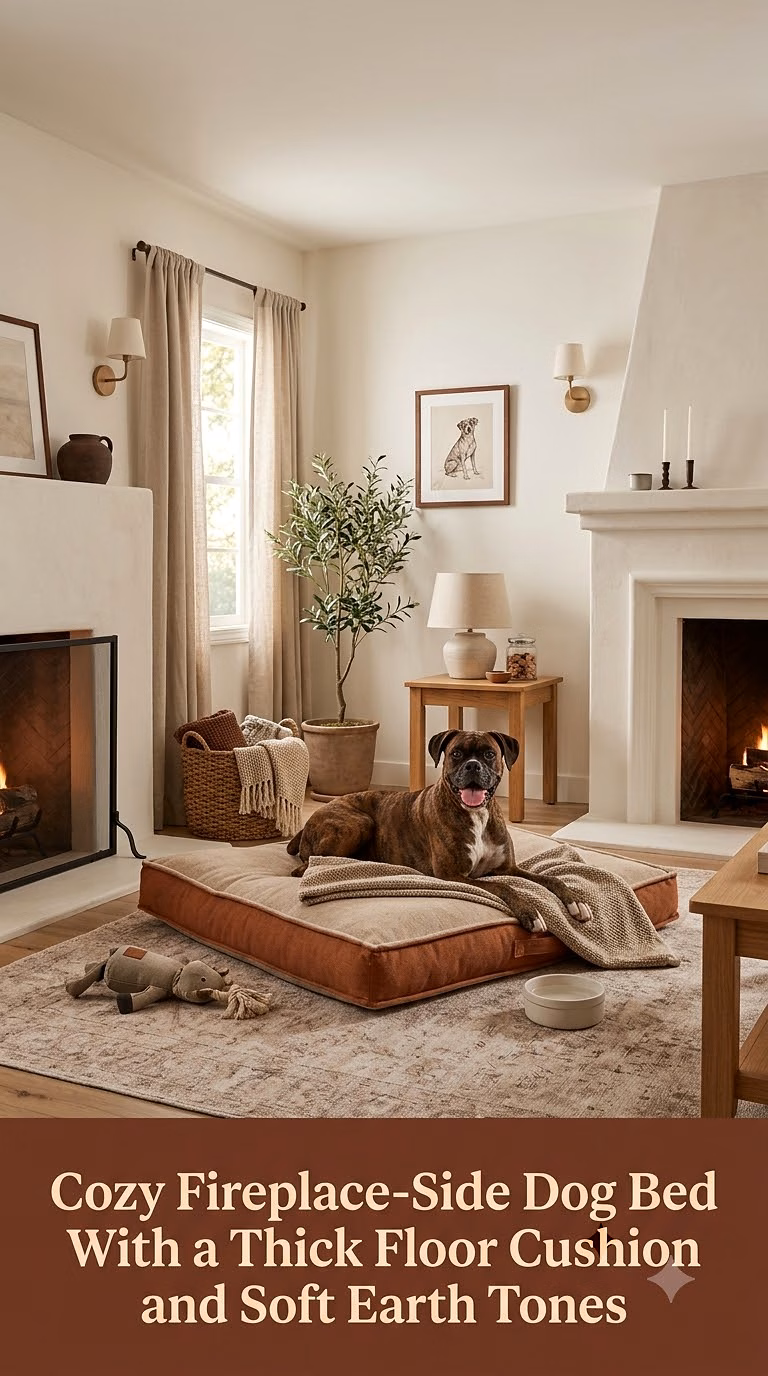 14. Cozy Fireplace-Side Dog Bed With a Thick Floor Cushion and Soft Earth Tones