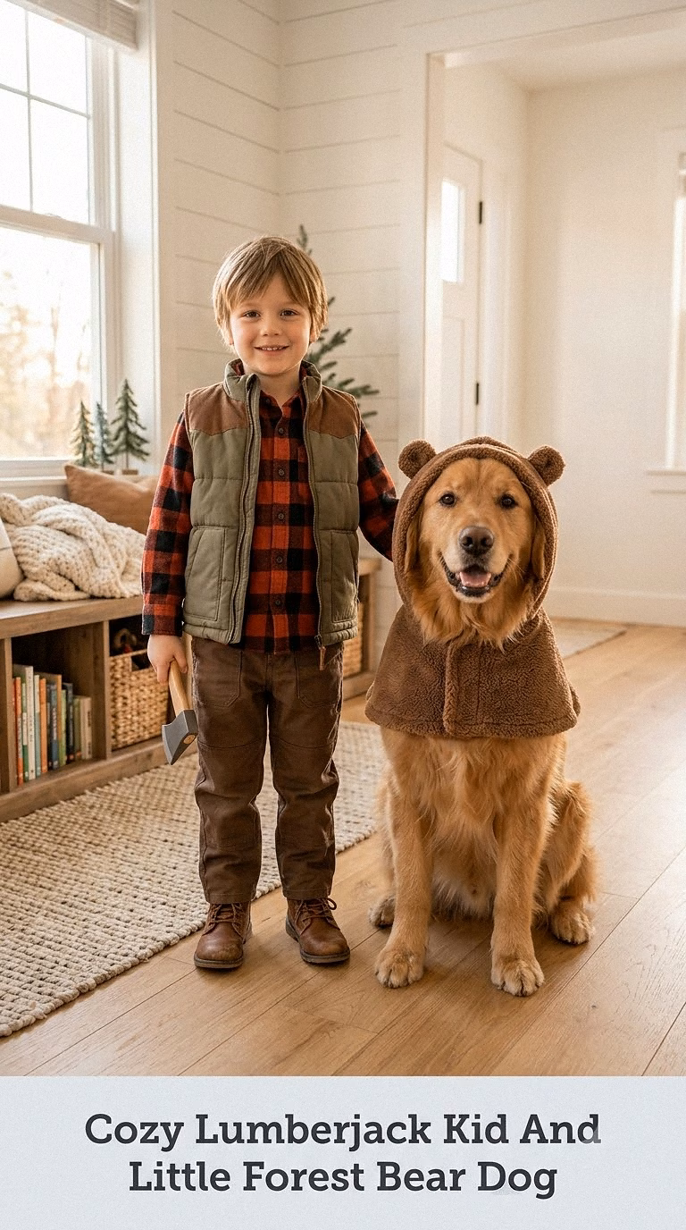 Cozy Lumberjack Kid And Little Forest Bear Dog