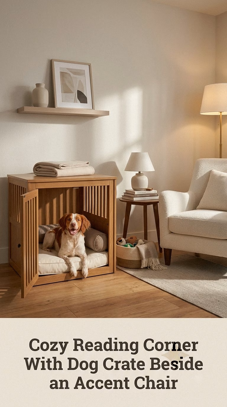 Cozy Reading Corner With Dog Crate Beside an Accent Chair