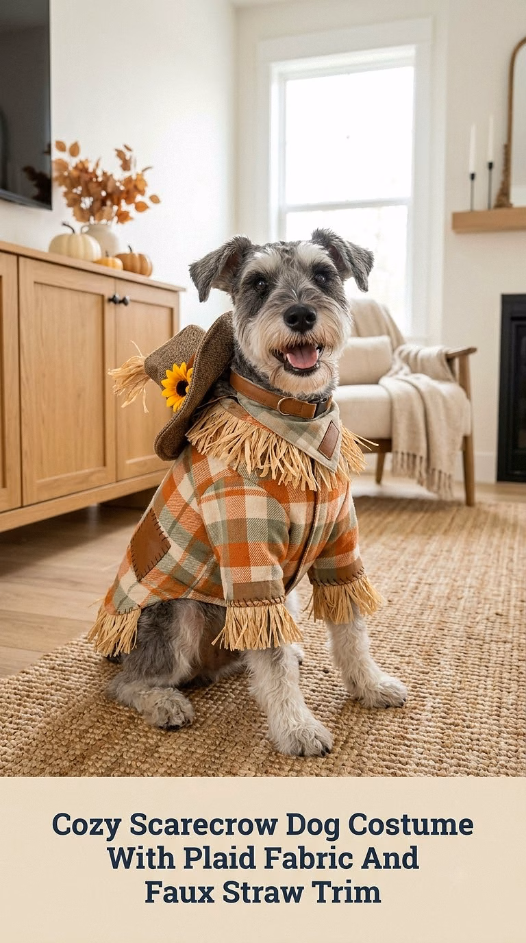 Cozy Scarecrow Dog Costume With Plaid Fabric And Faux Straw Trim