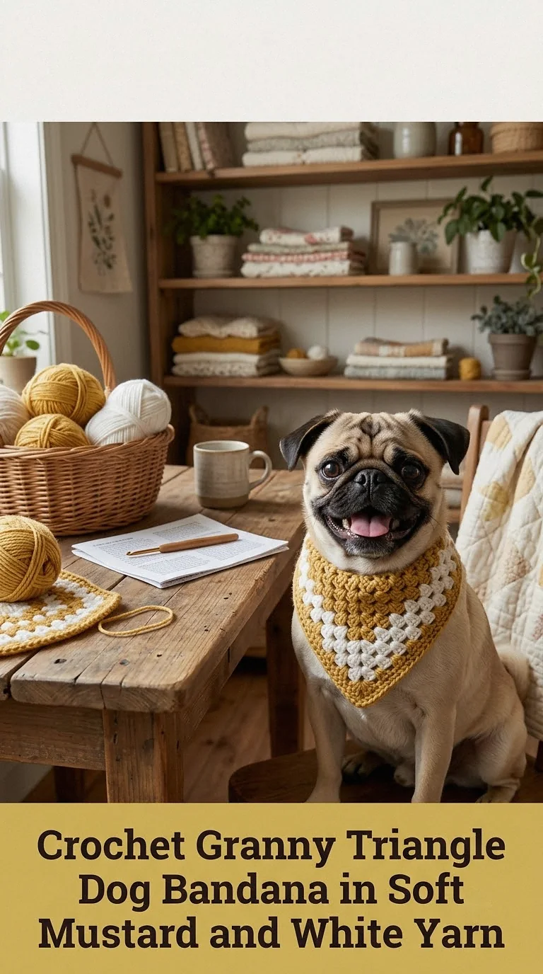 Crochet Granny Triangle Dog Bandana in Soft Mustard and White Yarn