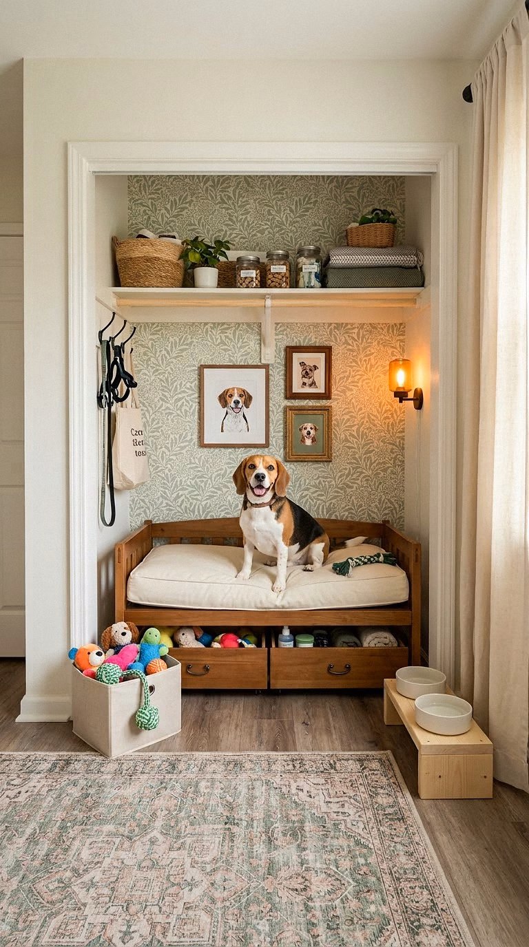 14. DIY Budget Closet Dog Room With Peel-and-Stick Wallpaper and Repurposed Furniture