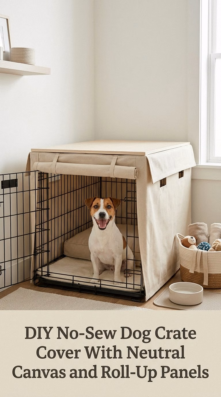 DIY No-Sew Dog Crate Cover With Neutral Canvas and Roll-Up Panels