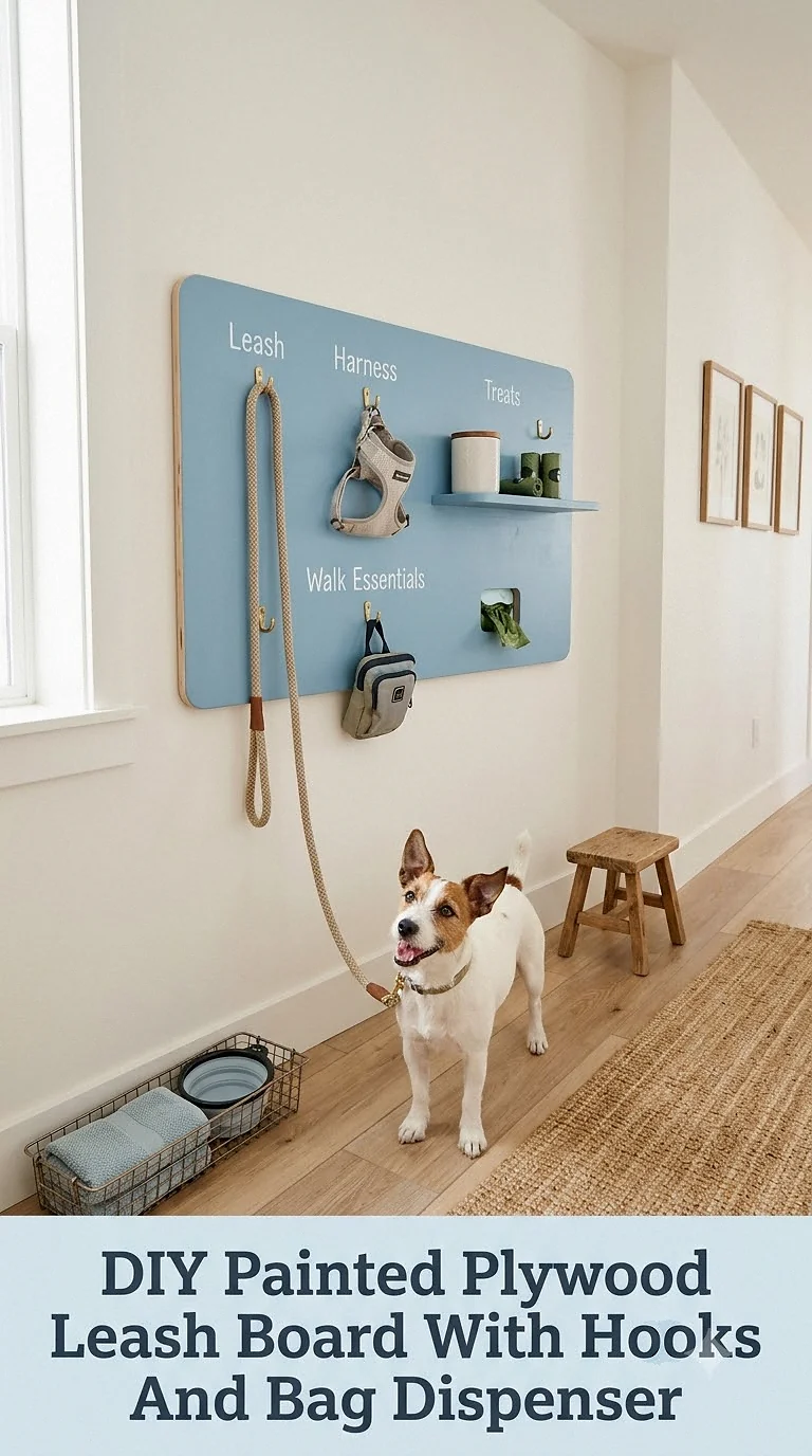 DIY Painted Plywood Leash Board With Hooks And Bag Dispenser