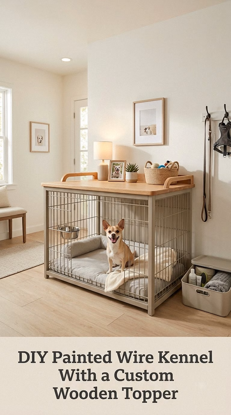 DIY Painted Wire Kennel With a Custom Wooden Topper