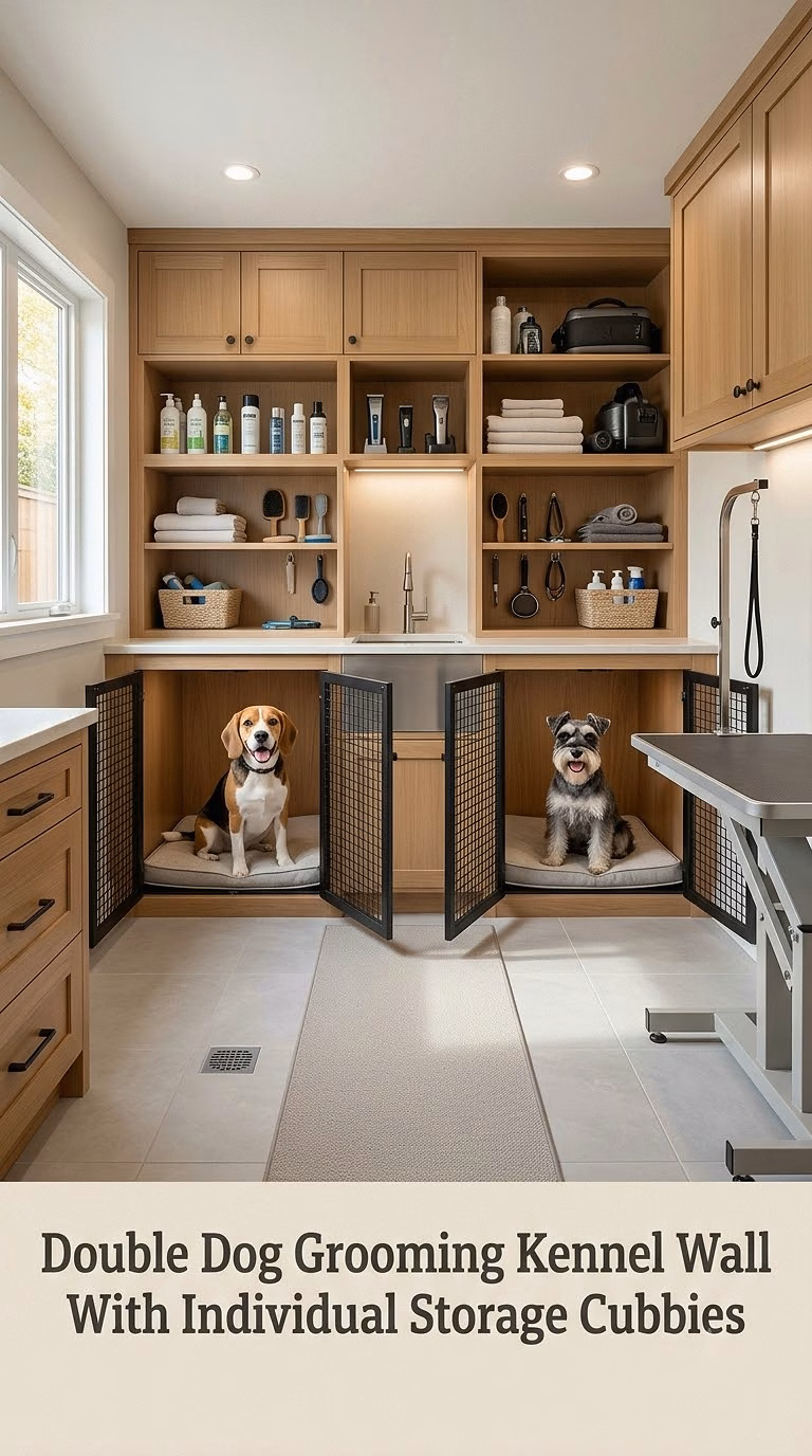 Double Dog Grooming Kennel Wall With Individual Storage Cubbies