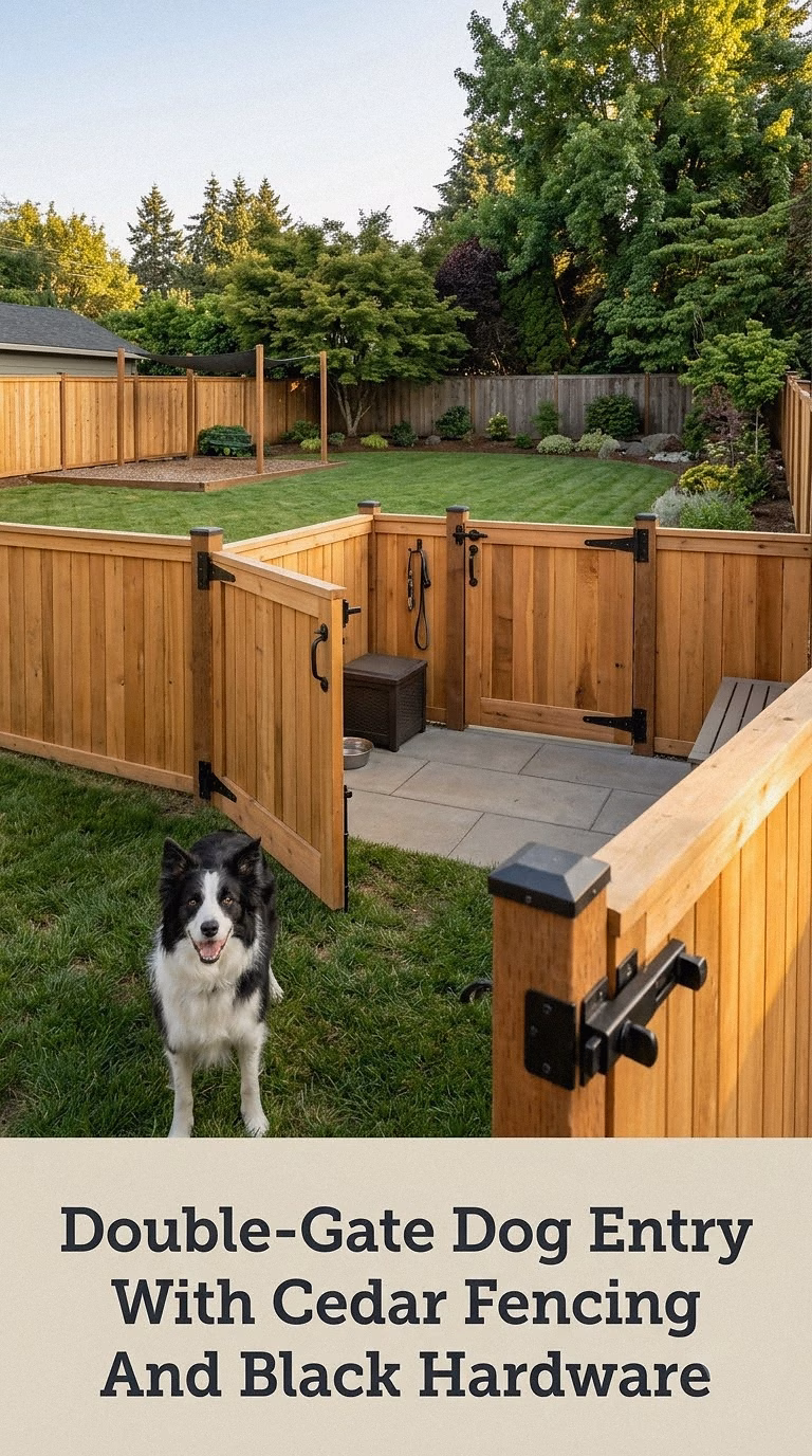 Double-Gate Dog Entry With Cedar Fencing And Black Hardware