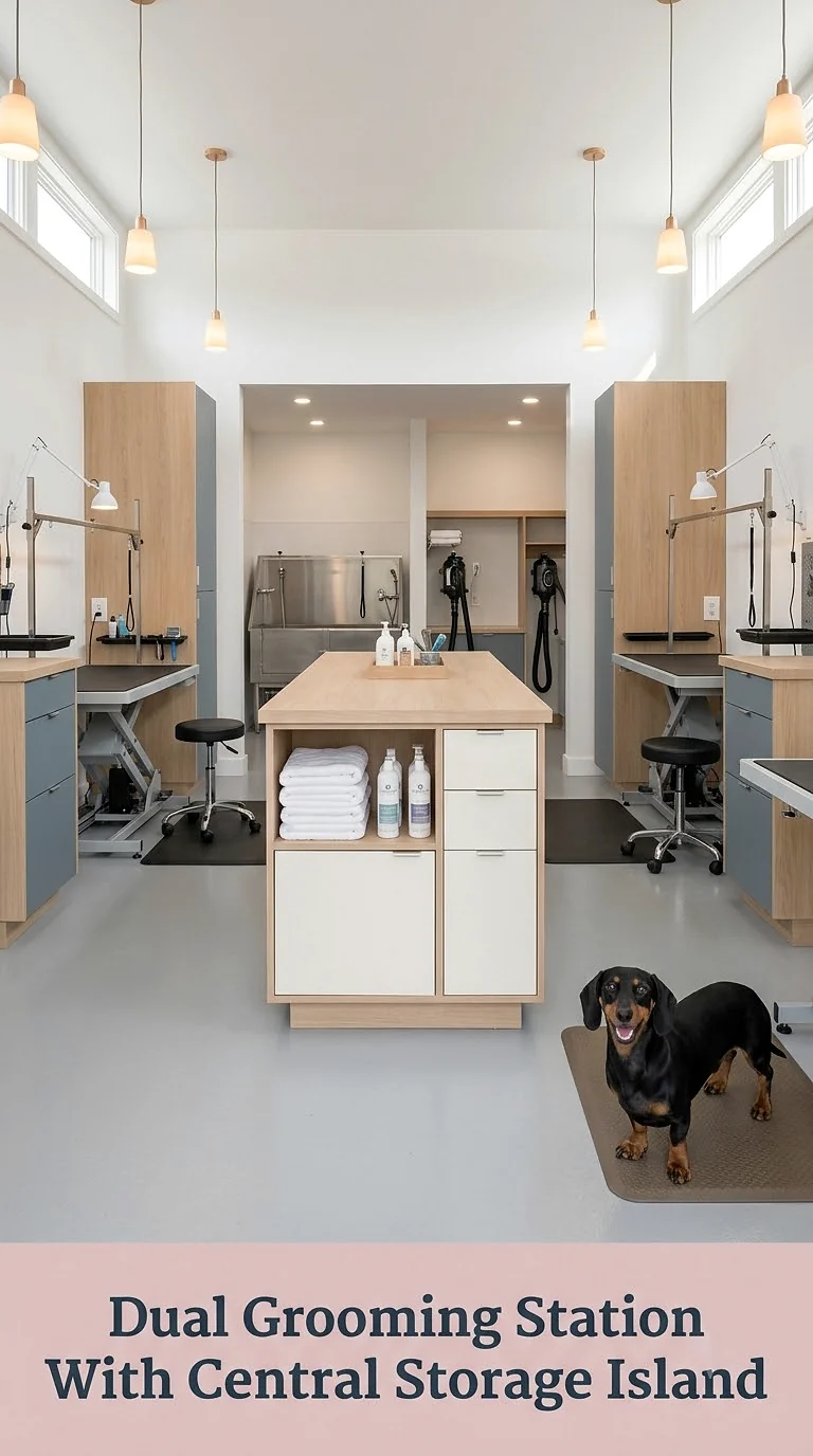 Dual Grooming Station With Central Storage Island