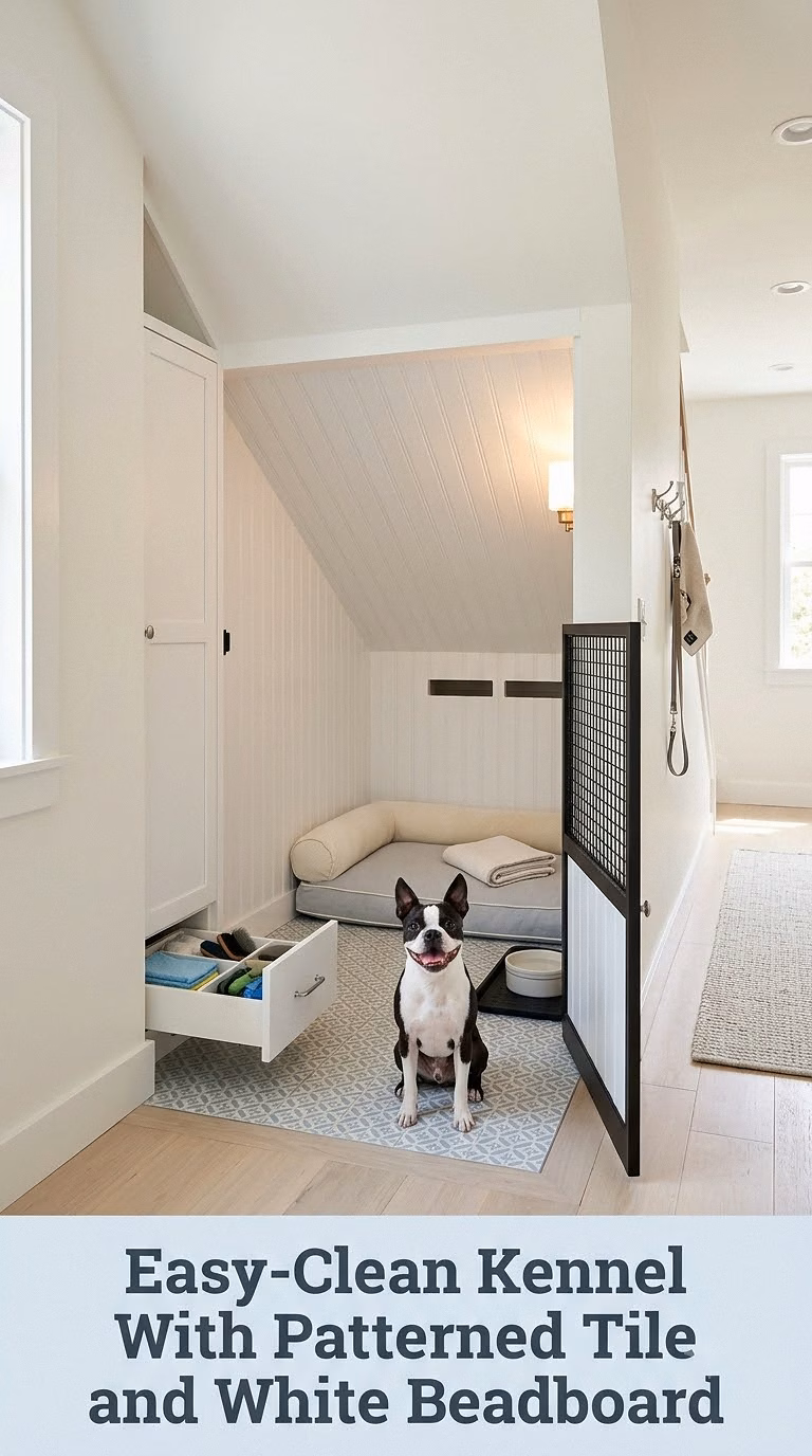 Easy-Clean Kennel With Patterned Tile and White Beadboard