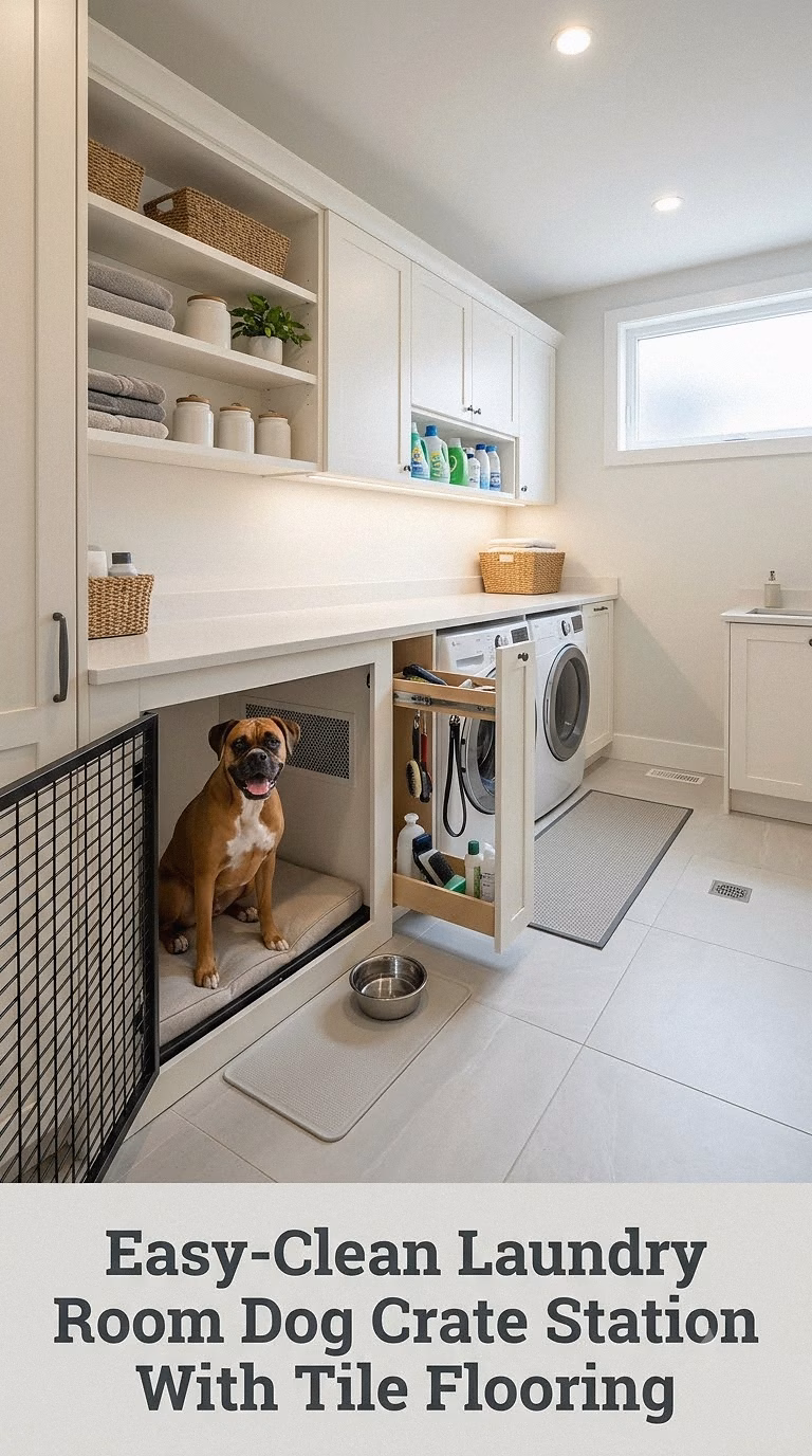 Easy-Clean Laundry Room Dog Crate Station With Tile Flooring