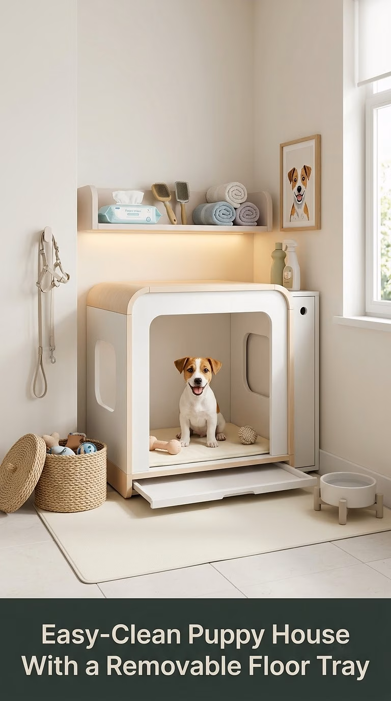 14. Easy-Clean Puppy House With a Removable Floor Tray