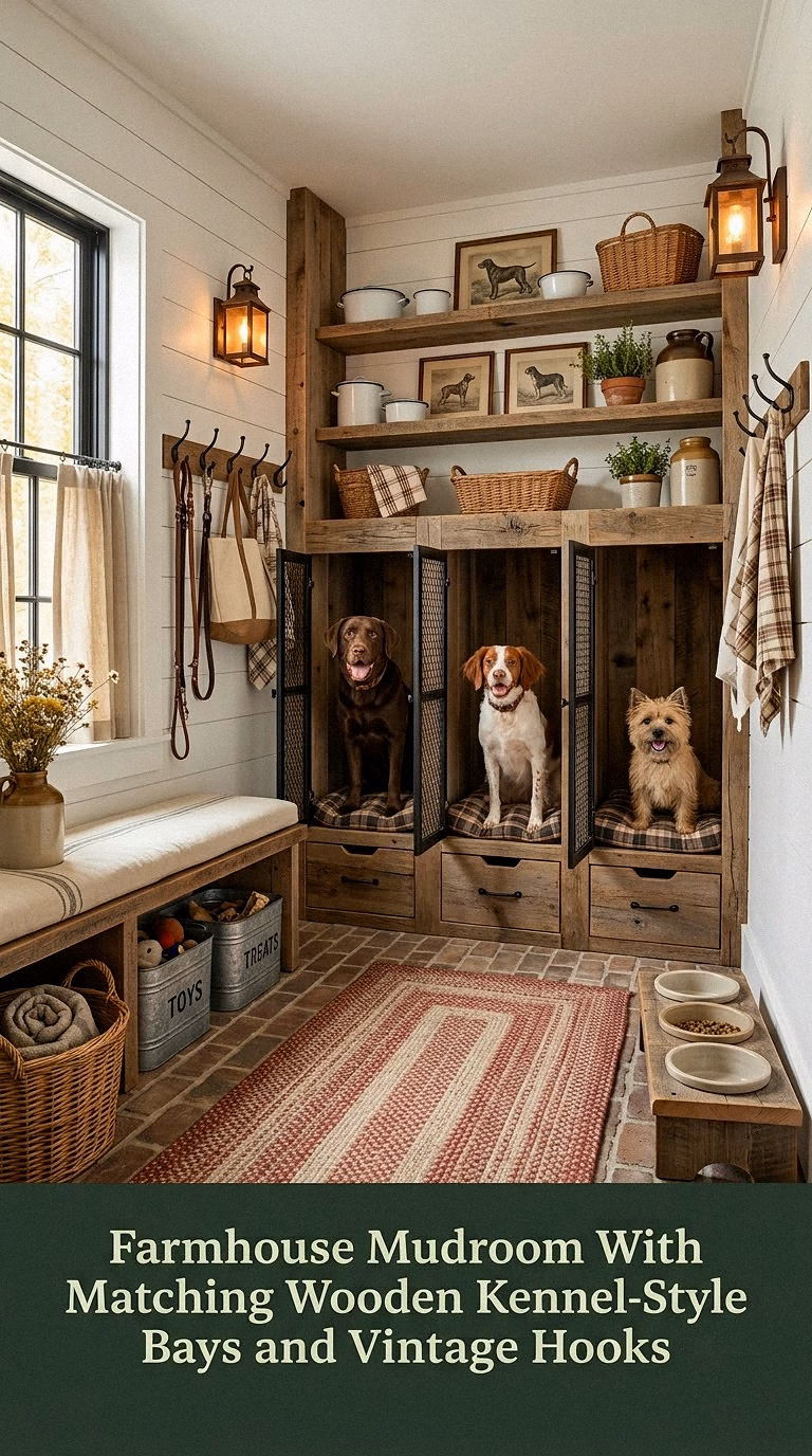 14. Farmhouse Mudroom With Matching Wooden Kennel-Style Bays and Vintage Hooks