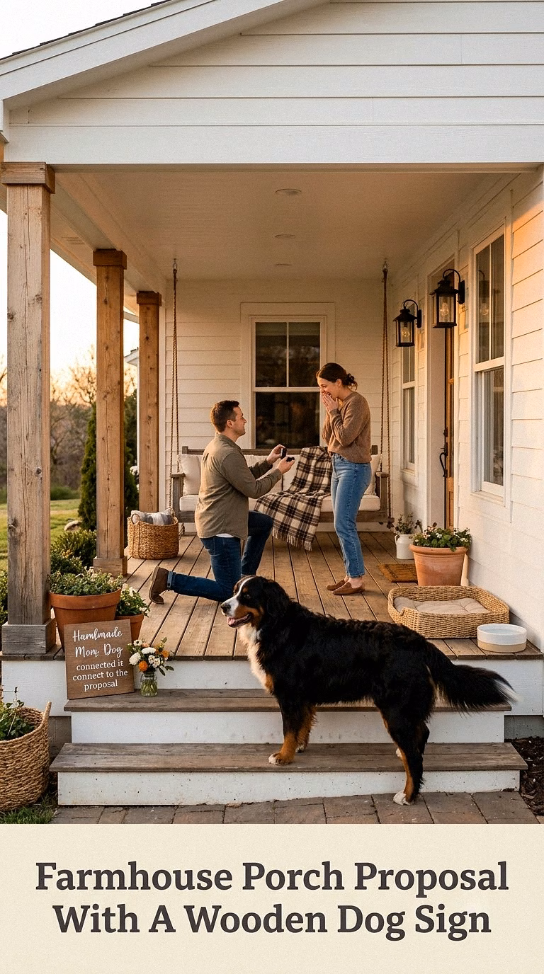 Farmhouse Porch Proposal With A Wooden Dog Sign