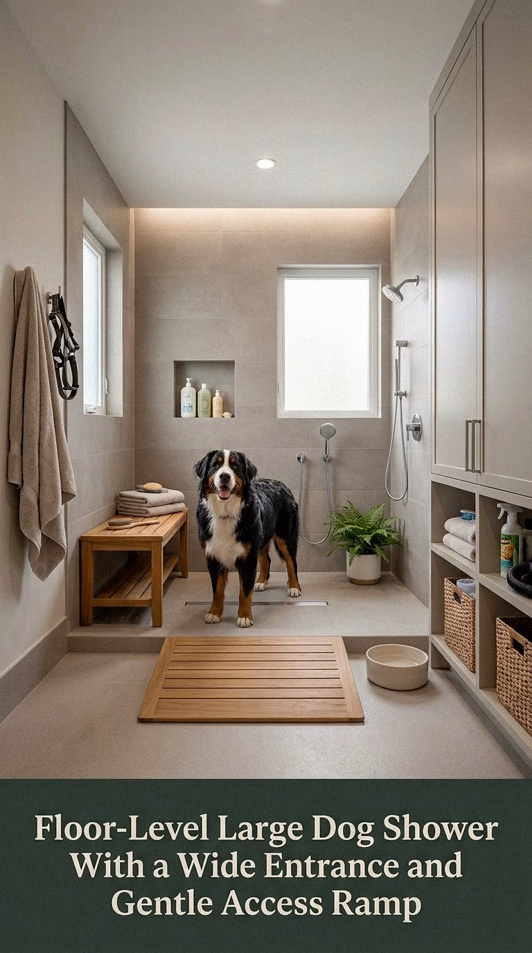 14. Floor-Level Large Dog Shower With a Wide Entrance and Gentle Access Ramp